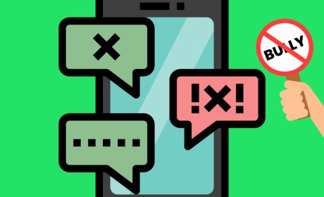 A graphic to depict cyber bulling with artwork of a smart phone and text message bubbles