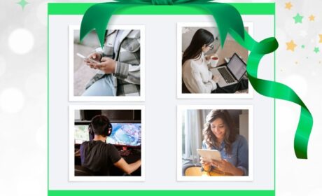 Image featuring four separate photos of individuals engaged in various activities: texting, working on a laptop, gaming, and reading. The layout is decorated with a green bow and includes text 'Gift Guide · Guide de Cadeaux' and features an Xplore logo.