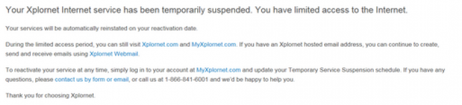 Xplornet Temporarily Suspended Window