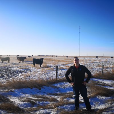 Xplore Employee - AJ Struyk - standing in a field with cows and an Internet Tower