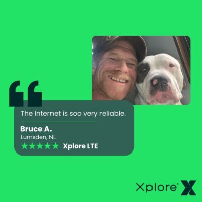 A graphic featuring a photo of an Xplore customer and his dog with a quote saying "the Internet is soo very reliable" speaking of Xplore Internet.