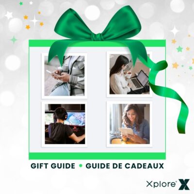 Image featuring four separate photos of individuals engaged in various activities: texting, working on a laptop, gaming, and reading. The layout is decorated with a green bow and includes text 'Gift Guide · Guide de Cadeaux' and features an Xplore logo.