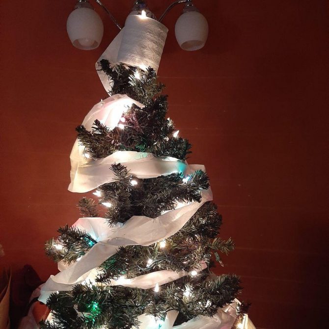 Christmas tree wrapped in toilet paper