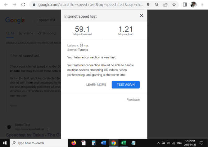 Screenshot of a speed test