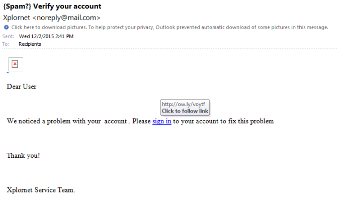 Phishing email example screenshot