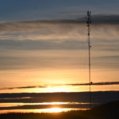 A photo of the Rob Bell Lake tower at sunset.